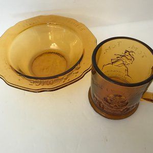 Tiara Amber Glass Children's dish Bowl Set- c 1970's Nursery Rhymes